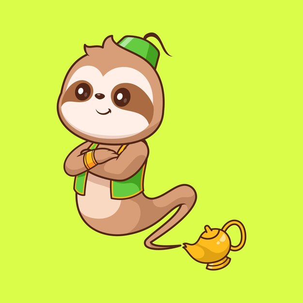 El simpático genio perezoso en la lámpara Icono vectorial de dibujos animados Ilustración Icono de vacaciones de animales Vector plano aislado
