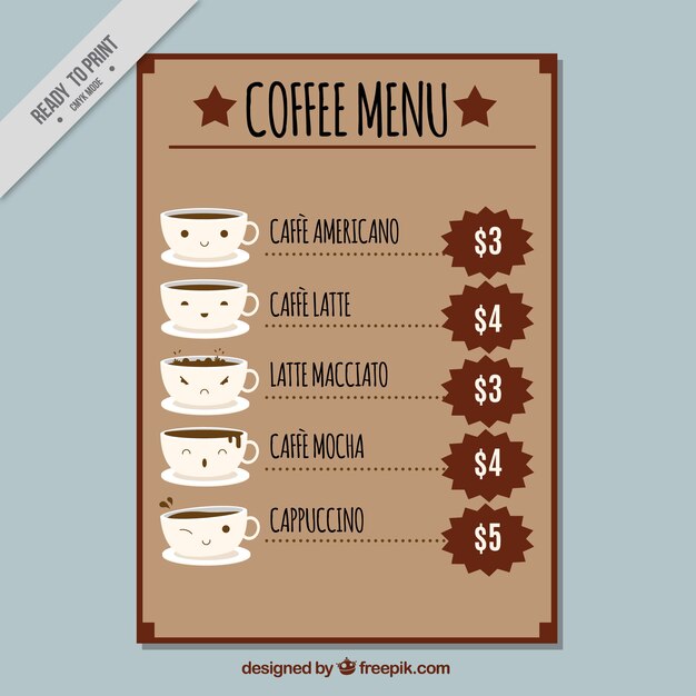 Simpático menú de cafetería en diseño plano 
