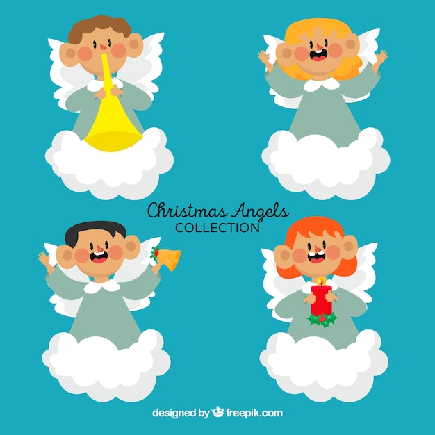 Vector gratuito simpáticos personajes de ángeles navideños con nube