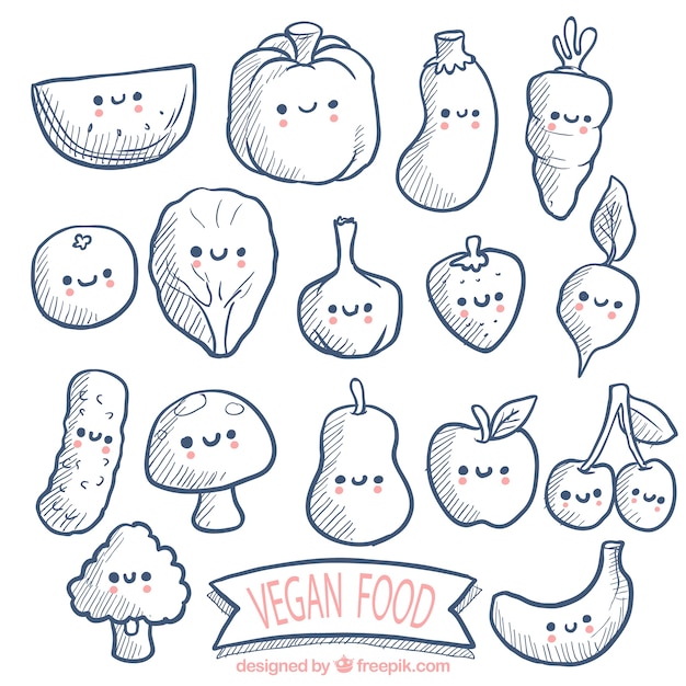 Vector gratuito simpáticos personajes de comida vegana dibujada a mano