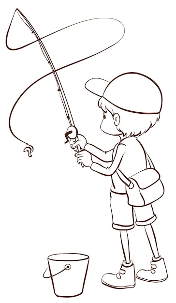 Un simple boceto de un niño pescando.