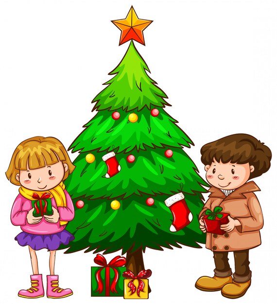 Un simple boceto de los niños cerca del árbol de navidad
