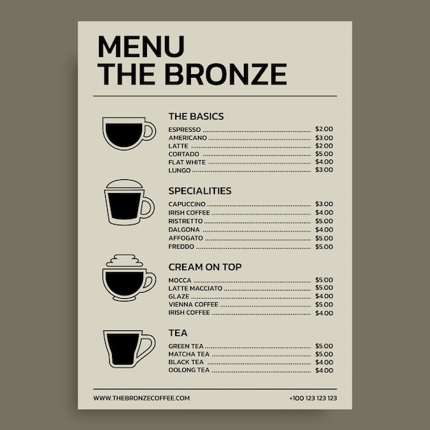 Vector gratuito simple el menú de la cafetería de bronce