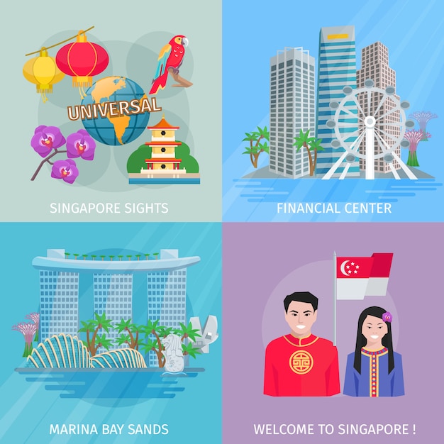 Vector gratuito singapur ve 4 iconos planos banner cuadrado con marina bay y centro financiero vector abstracto