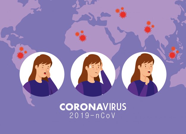 Síntomas de coronavirus 2019 ncov con ilustración de mujeres