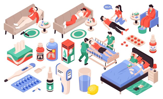 Síntomas de neumonía viral de la gripe fría personas enfermas termómetro pastillas gotas problemas respiratorios dolor de cabeza conjunto isométrico ilustración vectorial