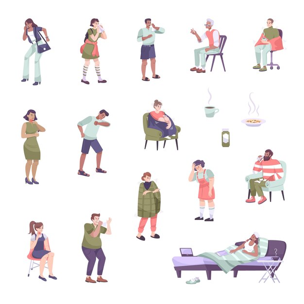 Síntomas de resfriados establecidos con íconos planos y personajes aislados de personas enfermas que sufren de ilustración de vector de resfriado en el pecho