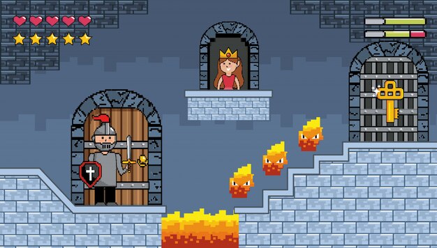 Sir chico dentro del castillo con carácter de fuego y princesa en la ventana
