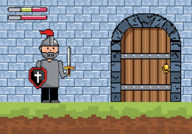 Sir chico con escudo y espada con puerta de castillo.