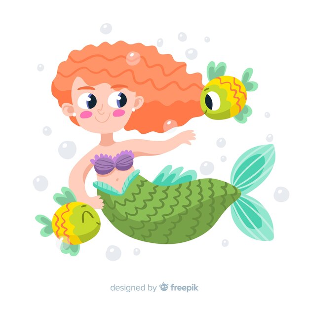Sirena dibujada a mano con cabello rizado rodeado de peces