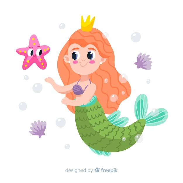 Sirena dibujada a mano con estrella de mar