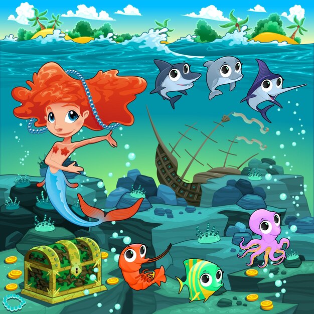 Sirena con divertidos animales en el fondo del mar
