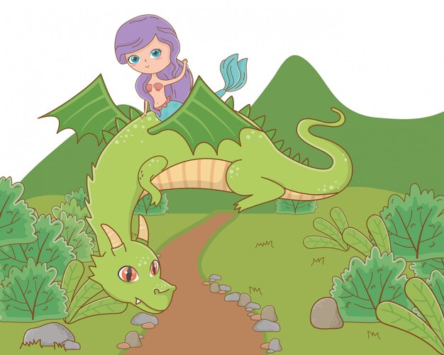 Sirena y dragón de cuento de hadas.