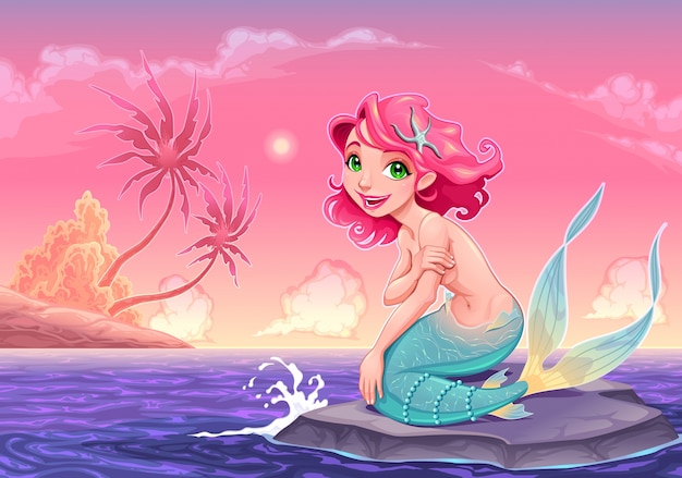 Sirena joven cerca de la orilla del vector ilustración de dibujos animados