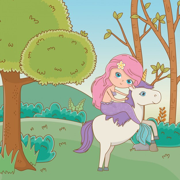 Sirena y unicornio de cuento de hadas.