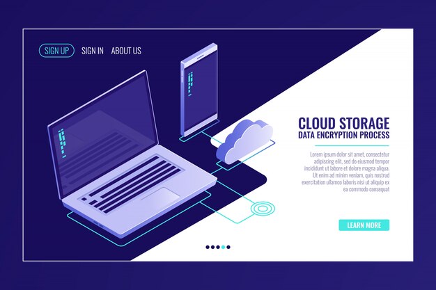 Sistema de almacenamiento de archivos cloid, computadora portátil con teléfono inteligente, carga de datos en la sala del servidor remoto