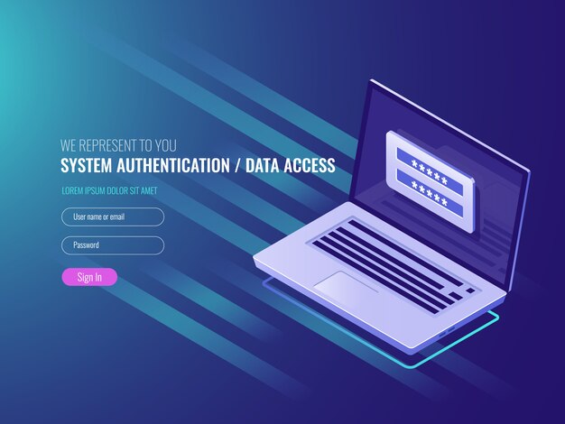 Sistema de autenticación, acceso a datos, formulario de inicio de sesión de usuario en la pantalla del portátil