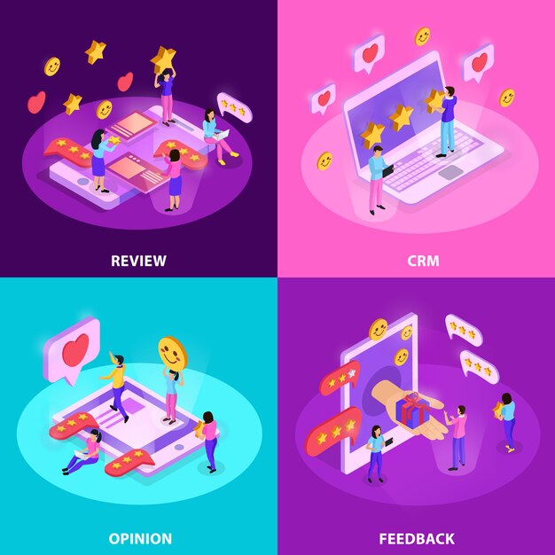 Sistema CRM con opinión de revisión del cliente y retroalimentación concepto isométrico aislado