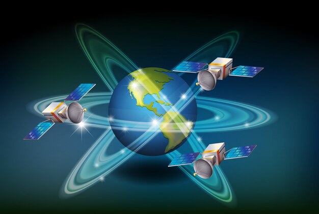 Sistema GPS con satélites alrededor de la tierra.