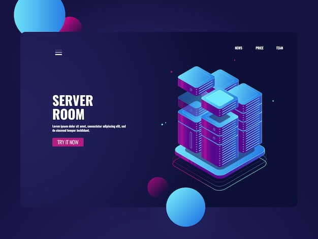 Sistema de hardware, banner de procesamiento de datos grandes, centro de datos e icono de base de datos