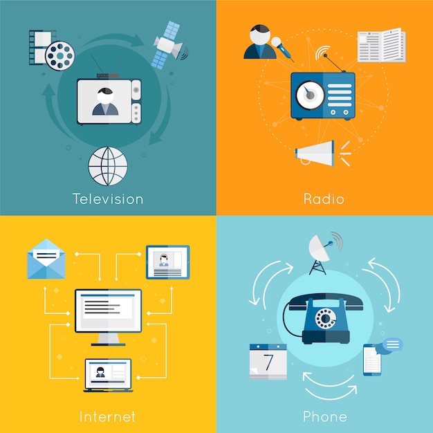 Sistema plano de la composición de los elementos de la comunicación de los medios de comunicación de internet radio teléfono aislado ilustración vectorial