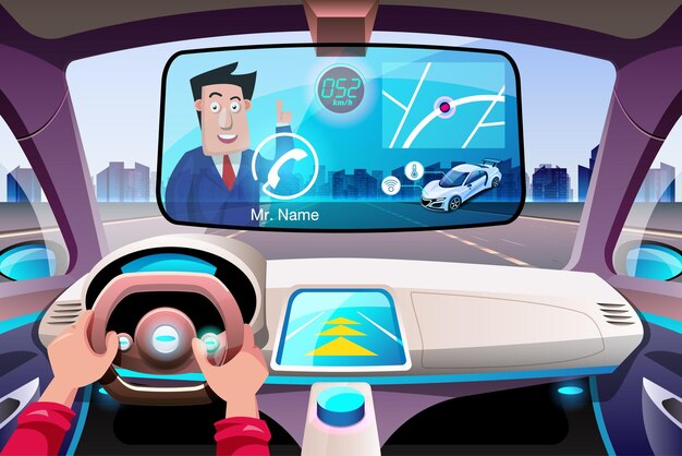 Sistema de seguridad sin conductor de inteligencia artificial con interfaz HUD en la cabina del automóvil autónomo Sistema de asistencia al conductor del automóvil sin conductor interior del vehículo Control de crucero adaptativo ACC