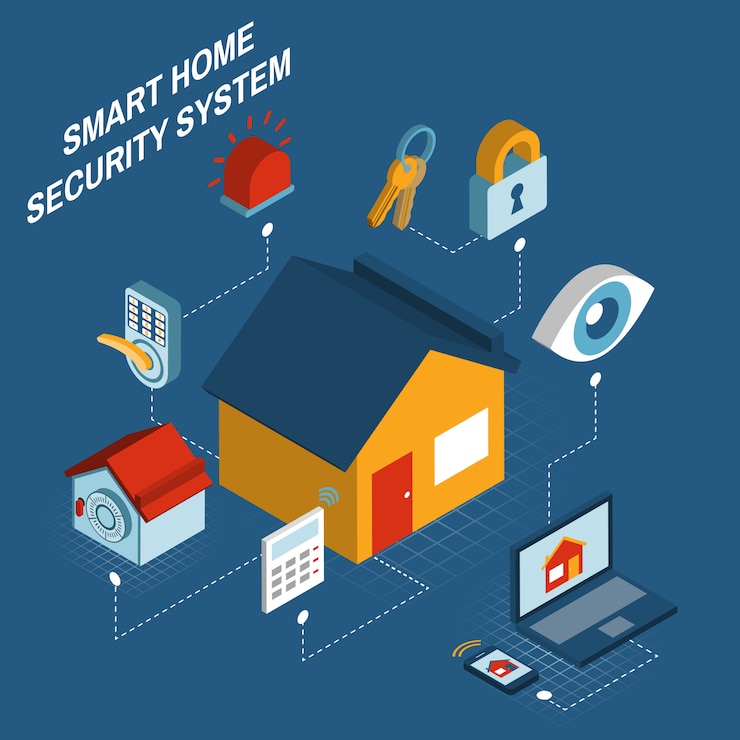 Vector gratuito sistema de seguridad para el hogar inteligente isométrico