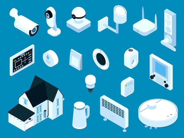 Sistema de seguridad inteligente para el hogar, calefacción, limpieza, electrodomésticos de cocina, iluminación, timbre, panel maestro, conjunto isométrico, ilustración vectorial aislada