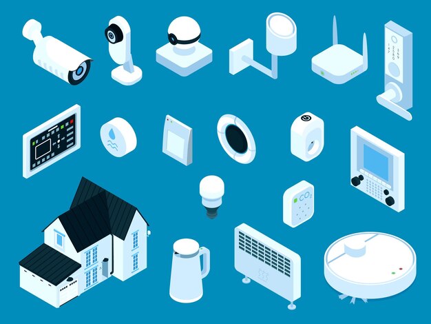 Sistema de seguridad inteligente para el hogar, calefacción, limpieza, electrodomésticos de cocina, iluminación, timbre, panel maestro, conjunto isométrico, ilustración vectorial aislada