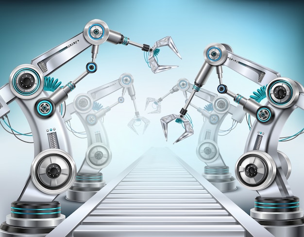 Sistema de transporte de línea de producción totalmente automatizado equipado con brazos robóticos luz de composición isométrica realista