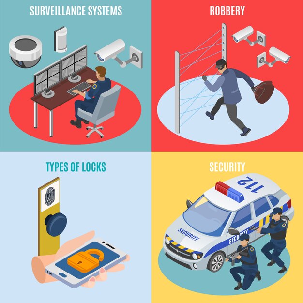 Sistemas de seguridad isométrica 4 iconos cuadrados concepto con tecnología de vigilancia protección contra robos cerraduras electrónicas aisladas