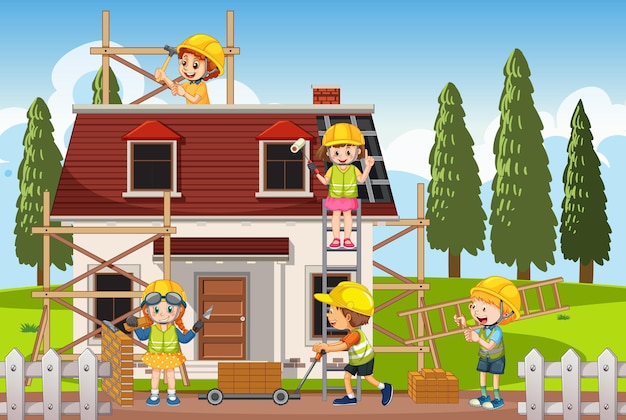 Sitio de construcción de la casa con dibujos animados de trabajadores