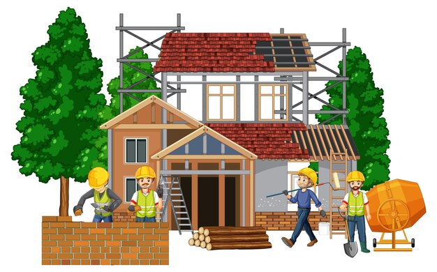 Sitio de construcción de casas con trabajadores de dibujos animados