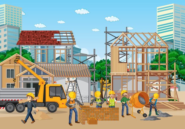Sitio de construcción de casas con trabajadores
