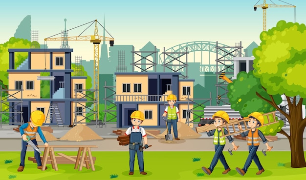 Vector gratuito sitio de construcción de edificios con trabajadores