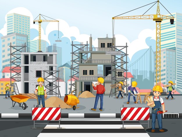 Sitio de construcción de edificios con trabajadores