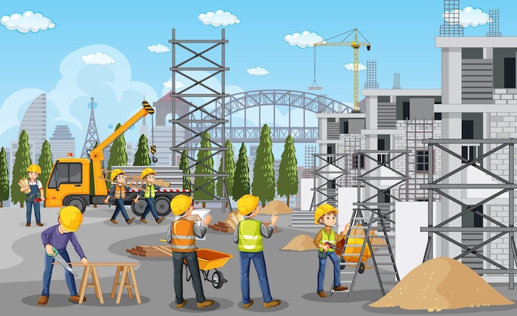 Vector gratuito sitio de construcción de edificios con trabajadores