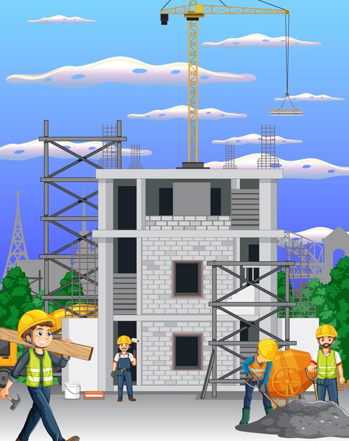 Sitio de construcción de edificios con trabajadores