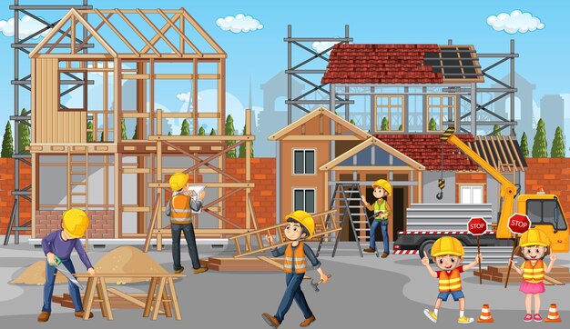 Sitio de construcción de edificios con trabajadores