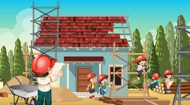 Vector gratuito sitio de construcción de viviendas y trabajadores