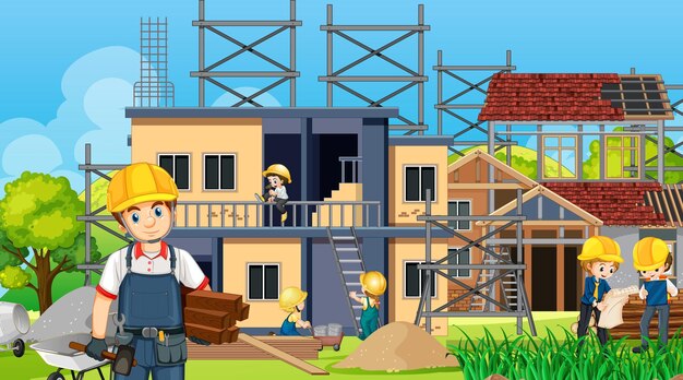Sitio de construcción de viviendas y trabajadores
