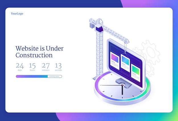 Sitio web en construcción Página de inicio isométrica Mantenimiento de software de Internet con cuenta regresiva Actualización de la página web Reparación o desarrollo Grúa de construcción y escritorio de PC en un enorme reloj d banner web