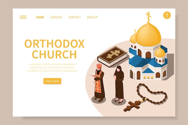 Sitio web cristiano ortodoxo con símbolos religiosos ilustración vectorial isométrica