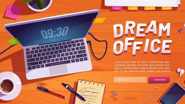 Vector gratuito sitio web de dream office con vista superior del espacio de trabajo