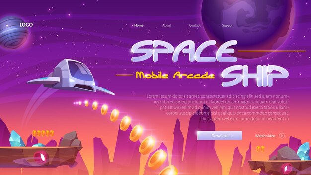 Sitio web de juegos móviles de nave espacial con cohete en el universo