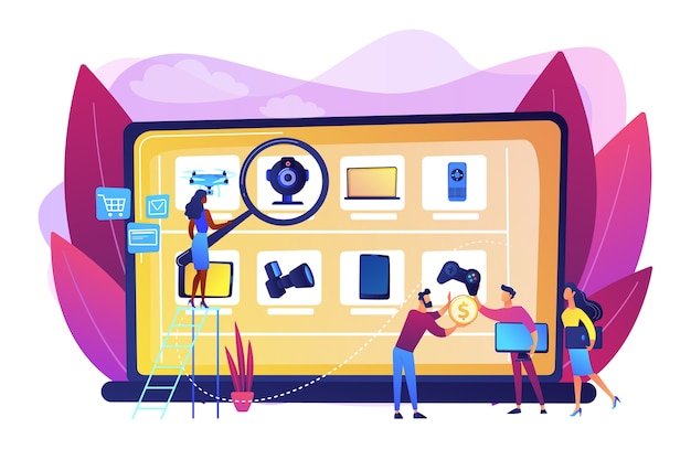Sitio web de la tienda de Internet de electrónica usada y renovada. Mercado de pulgas en línea, mercadotecnia de pulgas, operaciones del mercado de pulgas en línea, concepto de enriquecimiento en línea. Ilustración aislada violeta vibrante brillante