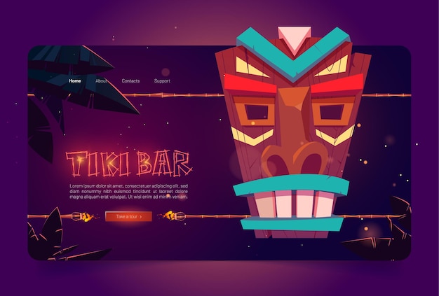 Sitio web de tiki bar con máscara tribal de madera y antorchas encendidas en una vara de bambú