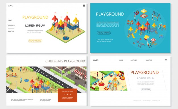 Sitios web de juegos infantiles isométricos con toboganes columpios parque recreativo sandbox playhouse bancos de balancín