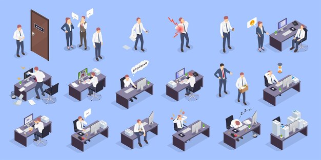 Situaciones problemáticas en el conjunto de iconos isométricos de trabajo con diferentes tipos de problemas de conflictos de estrés en la ilustración de vector de trabajo