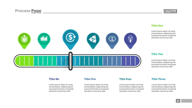 Vector gratuito six punteros escalan la plantilla de gráfico de proceso de metáfora para la presentación.
